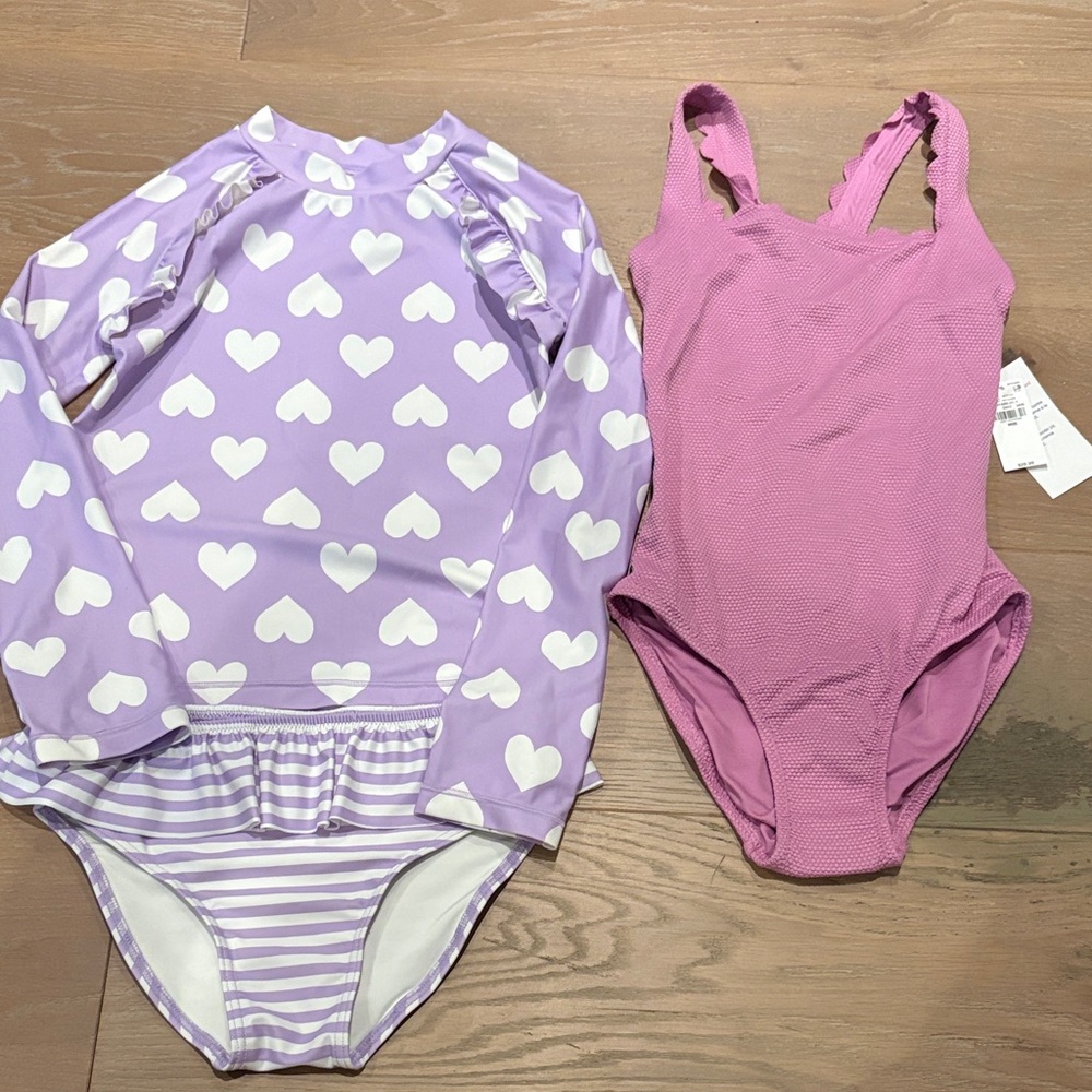 Tucker + Tate & Old Navy Size 8 Purple Heart Rash Guard and Pink Swimsuit Set.